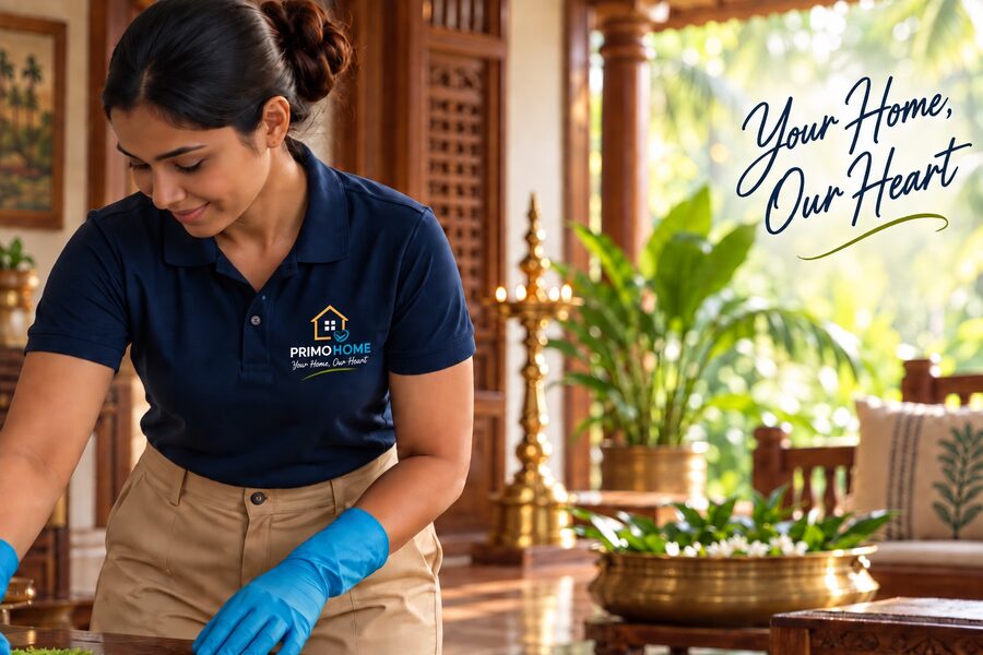 PrimoHome cleaning professional at work in a Trivandrum home